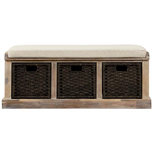 Harper & Bright Designs Rustic Storage Bench，Wicker Storage Bench with 3 Rattan Baskets and Removable Cushion, Wood Entryway Bench for Hallway, Entryway, Bedroom and Living Room,White Washed