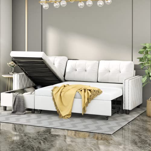 BALUS Reversible Sectional Sleeper Sofa with Large Storage Chaise, Velvet Upholstered L-Shape Sofa Couch, Pull Out Sleeper Sofa Bed for Living Room, Apartment and Office (Cream White)
