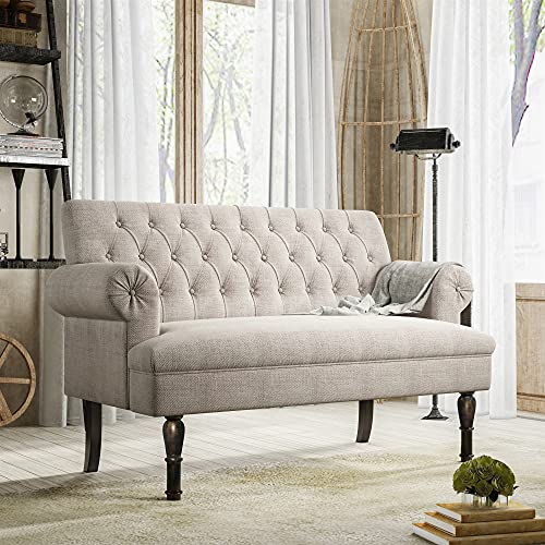 Merax 58” Light Beige Linen Button Tufted Scrolled Arm Loveseat Sofa Couches, Chesterfield Settee Bench with High Wooden Legs (Pillows not Included)