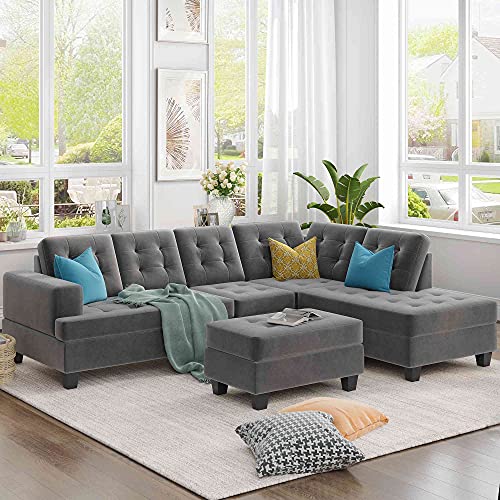 Cotoala Microfiber Living Room Furniture Sets, Upholstery Sectional Sofa with Storage Ottoman, L-Shaped Couch with Thick Cushions Chaise Lounge, Grey