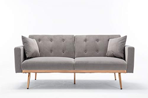 NOSGA Velvet Sofa, Modern Sleeper Sofa Couch, Convertible Loveseat Futon Sofa Bed Rose Gold Metal Feet with 2 Pillows for Living Room Bedroom (Grey)