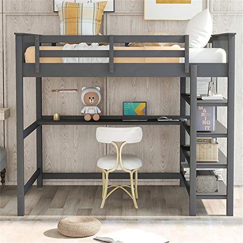 Full Size Loft Bed , Loft Bed with Desk and Storage Shelves, Wooden Full Size Loft Bed with Desk , No Box Spring Needed (Full,Gray with Shelves )
