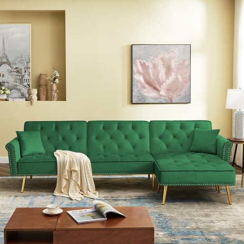 Modern Reversible Upholstered Sectional Sofa Couch with Ottoman, L-Shape Velvet Convertible Soft Sleeper Bed Nailhead Trim for Living Room Office (Green)