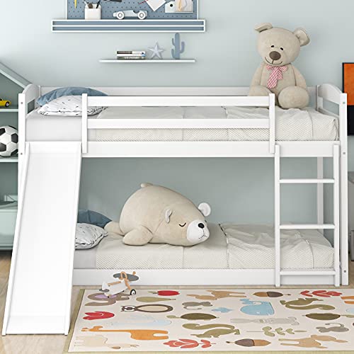 Twin Bunk Beds with Slide for Kids, Low Profile Bunk Beds with Ladder, Ladder and Slide can be Put on Both Side (White, Twin Bunk Beds (Slide+Ladder))