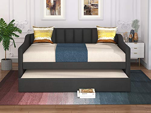 Harper & Bright Designs Upholstered Twin Bed with Trundle, Trundle Daybed Twin Size, No Box Spring Needed, Grey (Grey (with Trundle))
