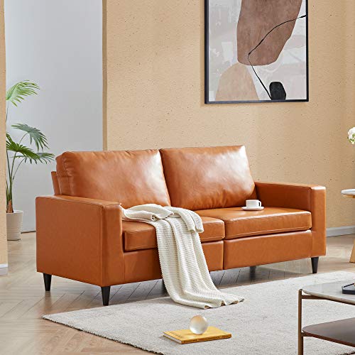 PU Leather Living Room Sofa, Morden Style Upholstered 3-Seater Sofa Couch for Home or Office (3 Seat, Brown)