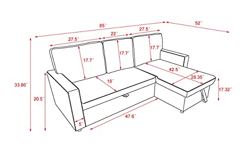 Yoglad Reversible Sleeper Sectional Sofa with Storage and Pull-Out Couch Sleeper, L Shaped Corner Sofa Bed with Chaise, Living Room Furniture Set, 3 Seats (Navy)