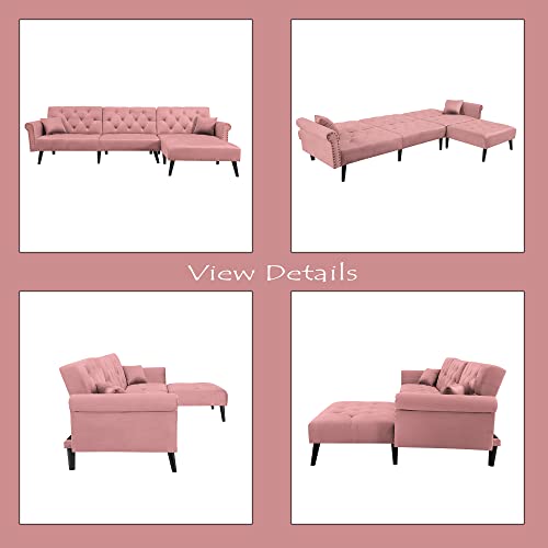 115” Wide Convertible Sofa Bed L-Shaped Pink Sectional Couches with 2 Pillows