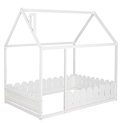 House Full Bed for Kids, Full Size Bed Frame with Pine Wood Roof, Fence-Shaped Guardrails, Cabin Bed, Floor Bed for Kids, Teens (White, Full Size)