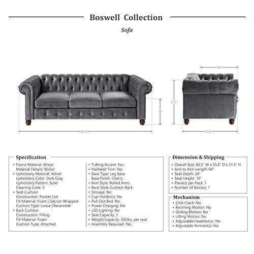 Lexicon Boswell Living Room Sofa, Dark Gray