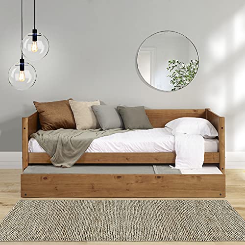 Mid-Century Modern Daybed and Trundle Set/Solid Wood/Panel Headboard /No Box Spring Needed/Mattress Foundation has 14 Wood Slats and 1 Center Support/Twin Trundle/Easy Assembly, Castanho Finish, Twin