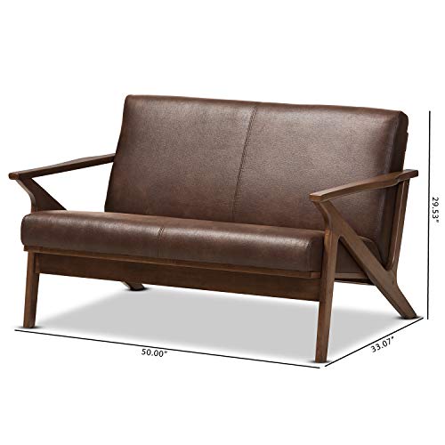 Baxton Studio Bianca Mid-Century Modern Walnut Wood Dark Brown Distressed Faux Leather 2-Seater Loveseat Mid-Century/Dark Brown/Walnut Brown/Faux Leather/Rubber Wood/