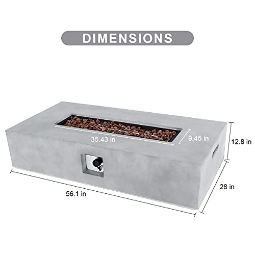 UPHA 56'' Patio Propane Gas Concrete Fire Pit Table, Rectangular with Weather-Resistant Pit Cover, 50000 BTU Auto-Ignition Fire Table , Free Lava Rocks, 56''L x 28''W x 12.8''H, Light Grey