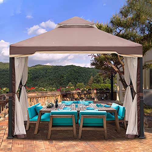 Aoodor 10' x 10' Patio Gazebo Metal Frame with Mesh Netting Canopy Top - Brown Color