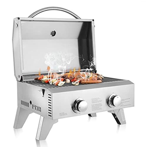 YZJC Portable Propane Gas Grill, Stainless Steel Mini Tabletop Stainless Steel 2-Burner Gas Grill 20000 BTU, Perfect for BBQ, Camping, Picnics or Outdoor, Silver