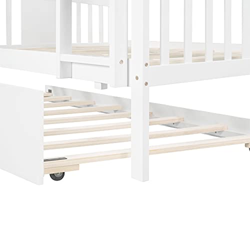 Full Over Full Bunk Bed for Adults Kids Teens, Full Over Full Bunk Beds with Trundle,Detachable Wood Full Bunk Bed Frame with High Length Guardrail,White