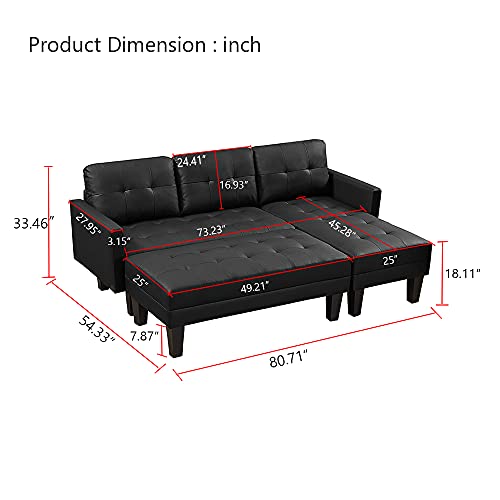 Modern Faux Leather Sectional Sofa Bed, L-Shape Sofa Chaise Lounge with Ottoman Bench for Living Room, Black, (601PU)