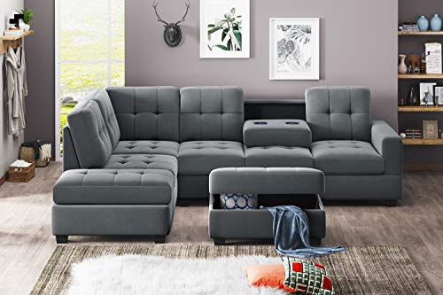 STARTO 3 Piece Sectional Sofa Set for Living Room Modern L-Shape Couch Furniture with Reversible Chaise Lounge Storage Ottoman and Cup Holders, Gray