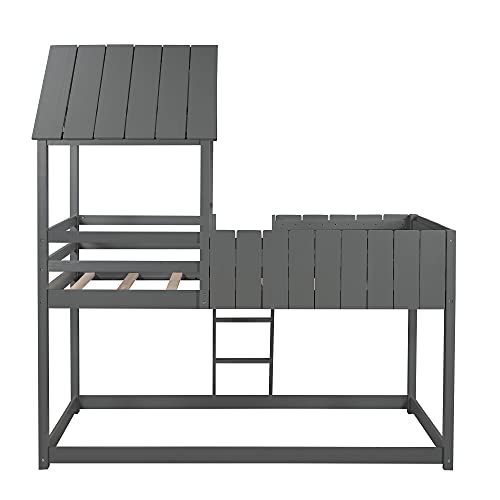 Wooden House Bed, Twin Over Twin Bunk Bed Frame with Roof and Guardrail, Low Bunk Beds with Ladder for Kids, Teens, Girls & Boys. No Box Spring Needed (Gray)