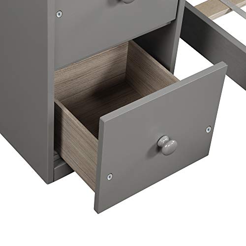 Twin Over Twin Loft Bed with Drawers and Shelves, Wood Bunk Bed with Ladder, Gray