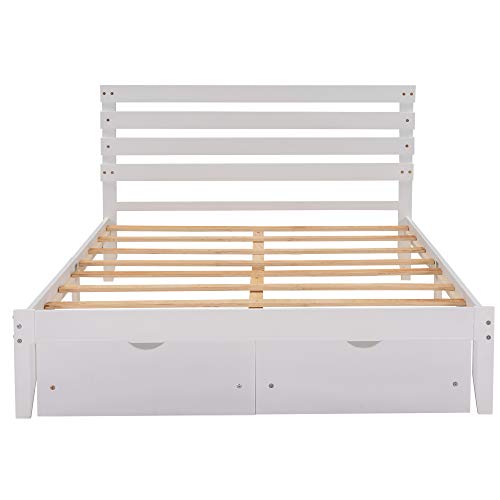 Queen Bed Frame, Queen Platform Bed with Storage Drawers, Wood Platform Bed Frame with Headboard, Wood Slats Support, No Box Spring Needed, Easy Assembly, White