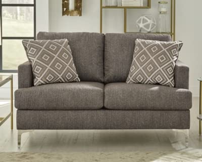 Signature Design by Ashley Arcola Modern Loveseat with Chrome Legs & Accent Pillows, Dark Gray