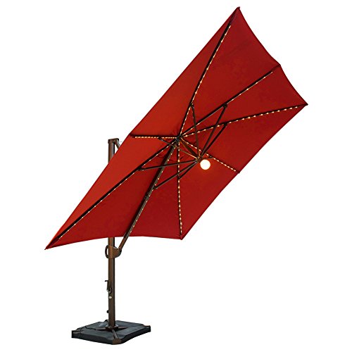 SORARA 10 by 10-Feet Offset Cantilever Umbrella Square Outdoor Patio Hanging Umbrella with Center Light, Cross Base & 4 pcs Base Weight and Umbrella Cover, Henna