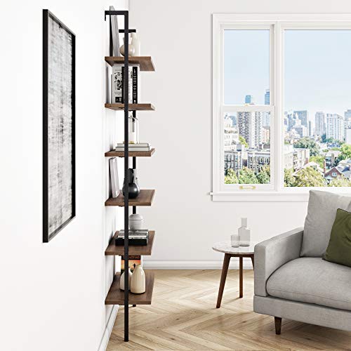 Nathan James Theo 6-Shelf Tall Bookcase, Wall Mount Bookshelf with Reclaimed Wood and Industrial Metal Frame, Oak/Black