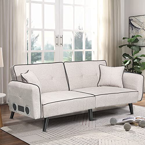PHOYAL Convertible Linen Fabric Tufted Split-Back Plush Futon Sofa Furniture, Futon Sofa Bed, Bluetooth Speaker Sleeper Sofa Bed with Stereo for Living Room Bedroom Apartment(Beige)