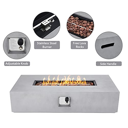 UPHA 56'' Patio Propane Gas Concrete Fire Pit Table, Rectangular with Weather-Resistant Pit Cover, 50000 BTU Auto-Ignition Fire Table , Free Lava Rocks, 56''L x 28''W x 12.8''H, Light Grey