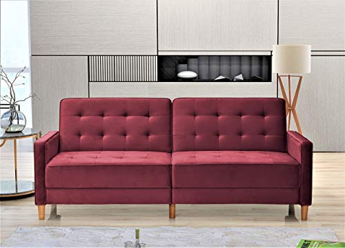 US Pride Furniture Classical Style Soft Square Arm 80’’ Wide Burgundy Velvet Tufted Twin Size Convertible Sofa Bed with Solid Wooden Legs & High Density Foam (SB9074-9080) Sofabed