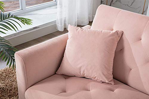Mid Century Modern Velvet Fabric Couch Convertible Futon Sofa Bed Recliner Couch Accent Sofa Loveseat Sofa with Gold Metal Feet (59 Pink)