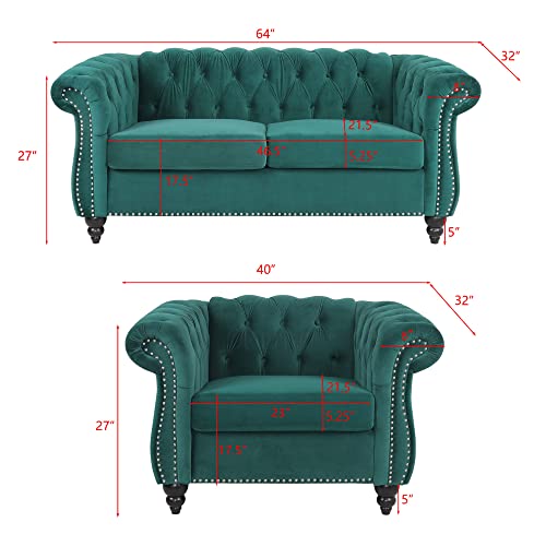 RARZOE 2 Pieces of Living Room Furniture Sofa Sets, Modern Contemporary Tufted Button Velvet Accent Club Chair&Chesterfield Loveseat Sofas Set with Nailhead Trim Scroll Arms for Home Furniture(Green)