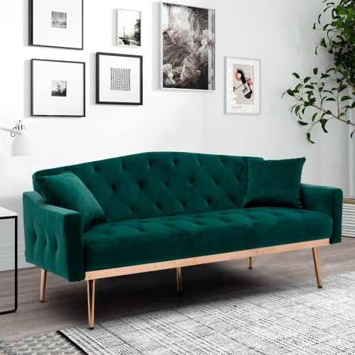 SZLizCCC 65 INCH Loveseat Sofa Chair,Button Velvet Sofa,Sleeper Sofa chaisr Set, Mid-Century Modern Sofa Bed, Couch Bed for Living Room with Golden Metal Foot (Emerald Green)