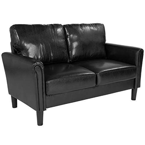 EMMA + OLIVER Living Room Loveseat Couch, Tailored Arms in Black LeatherSoft
