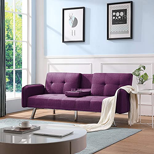 Stop Now Sleeper Sofa Couches Loveseat Adjusting Futon Sofa Bed Set with 2 Cup Holders for Living Room Bedroom Office, Purple