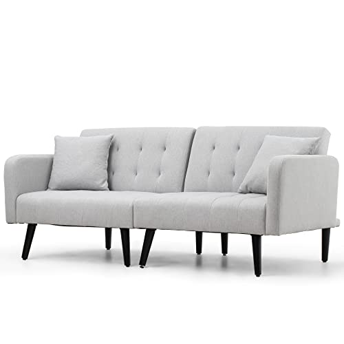 Oyerol Convertible Folding Futon Sofa Bed, Modern Linen Upholstered Split-Back Sleeper Sofa Couches for Small Space, Apartment, Overnight Guests w/Detachable Armrest, Wooden Frame (Light Grey)