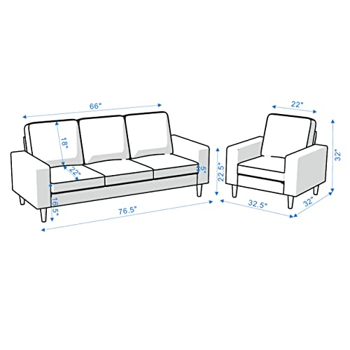 Modern Living Room Sofa Couch 2 Pieces Set, Single Seat Sofa Chair + 3 Seater Sofa Couch (Brown)
