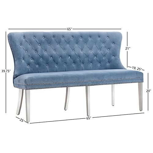 UDAX Modern Velvet Bench with Back, Upholstered Armless Couch Settee with Button Tufted Backrest Nailhead Around for Living Room and Bedroom, Accent Sofa for Home and Entryway(Blue)