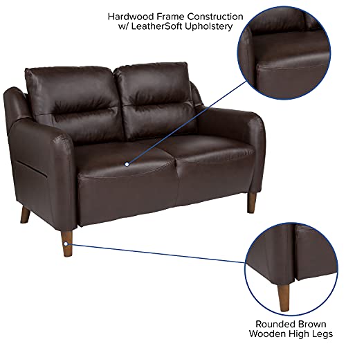 Flash Furniture Newton Hill Upholstered Bustle Back Loveseat in Brown LeatherSoft