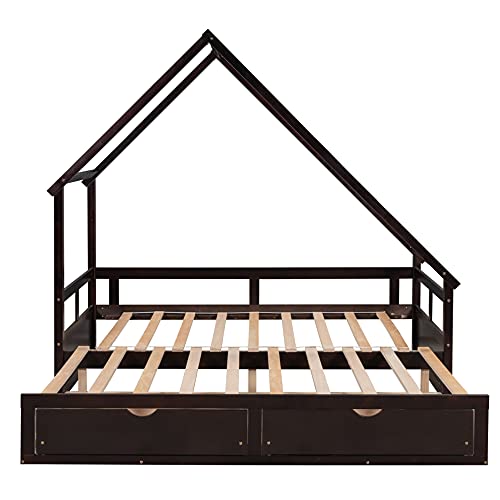 Extending Daybed with Two Drawers, Wooden House Bed Tent Bed with Drawers, No Box Spring Needed, Espresso