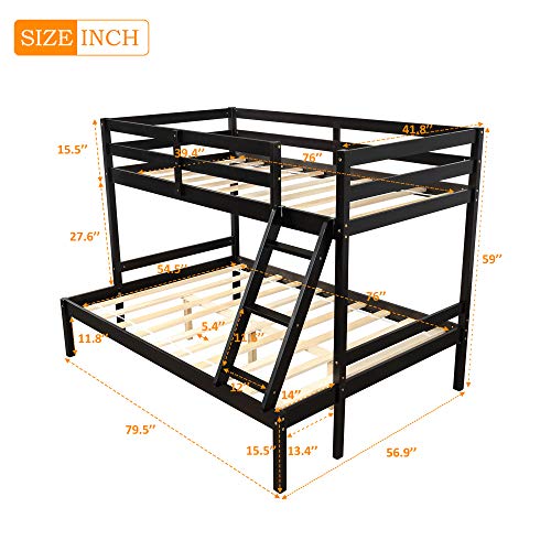 Harper & Bright Designs Twin Over Full Bunk Bed for Kids, Solid Wood Bunk Bed Frame Whit Guardrail & Removable Ladder (Espresso)