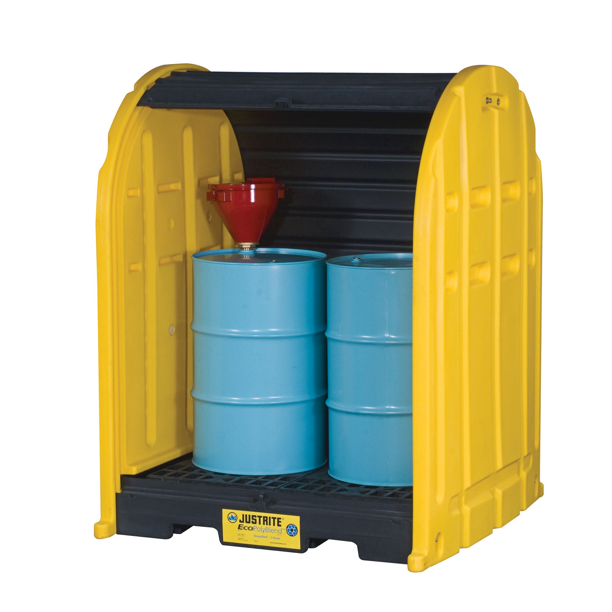 Justrite EcoPolyBlend™ DrumShed™ with Rolltop Doors, Accommodates 2 Drums, Polyethylene