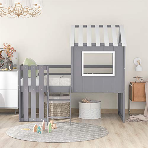 Harper & Bright Designs House Bed Loft Bed Twin Size, Low Loft Bed with Roof and Rustic Fence-Shaped Guardrail, Solid Wood, No Box Spring Needed,Grey