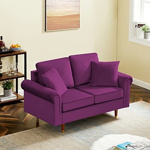 Living Room Furniture, Yoglad Velvet Loveseat, Modern 2 Seater Sofa with Wooden Legs, 2 Throw Pillows Included (Loveseat, Purple)