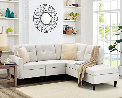 JOMEED Convertible Sectional Sofa Couch, Polyester Fabric L-Shaped Couch with Storage Ottoman Suitable for Living Room, Bedroom (Beige)