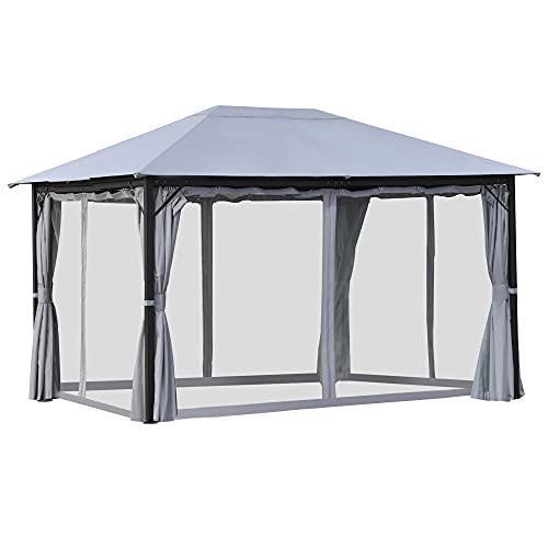Outsunny 13' x 10' Outdoor Patio Gazebo Soft Top Canopy with PA Coated Polyester Roof, Steel/Aluminum Frame, Curtains & Netting Sidewalls, Grey