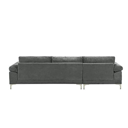 Casa Andrea Milano Modern Sectional Sofa L Shaped Velvet Couch, with Extra Wide Chaise Lounge, Large, Grey