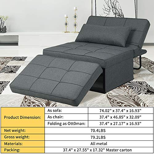 Ainfox Ottoman Sofa Bed, 4 in 1 Multi-Use Folding Guest Bed Full Padded Lounge Couch Bed Convertible Single Sofa Chair (Deep Grey)