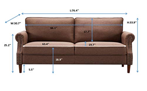 Knowlife 3-Seater Sofa Bedroom Couch with Arms for Small Space, Brown Couch
